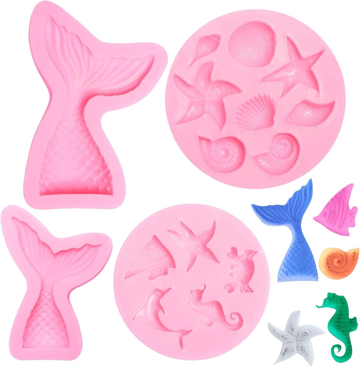 Siliconen Mallen voor Fondant en Chocolade, 4-delige Set met Zeemeermin en Oceaan Dieren, Perfect voor Bakken en Snoepmaken