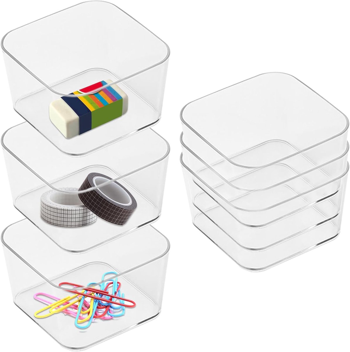 6 stuks lade-organizers, make-uptafelorganizer, transparante opbergdoos, geen deksel, kunststof doos voor bureau, kantoor, keuken, badkamer, 8,5 x 8,5 x 5 cm
