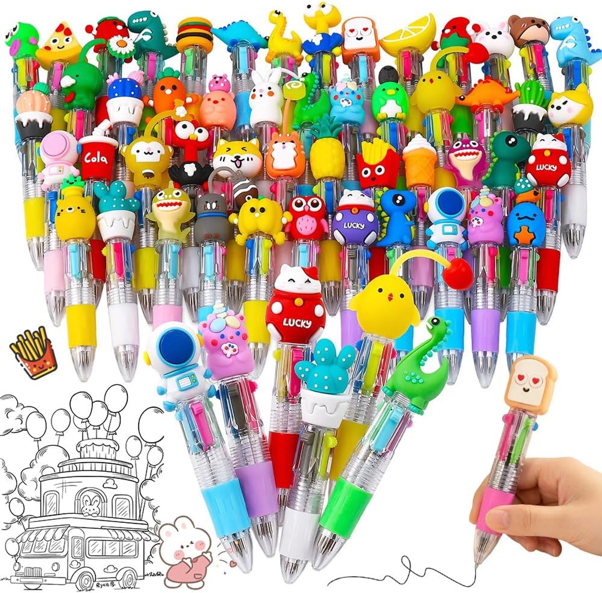 Balpennen, snoepjes, drukstiften, meerkleurige mini-pen, 4 kleuren, 0,5 mm punt, met cartoon-ontwerpen voor school, kantoor en geschenken (gesorteerd)
