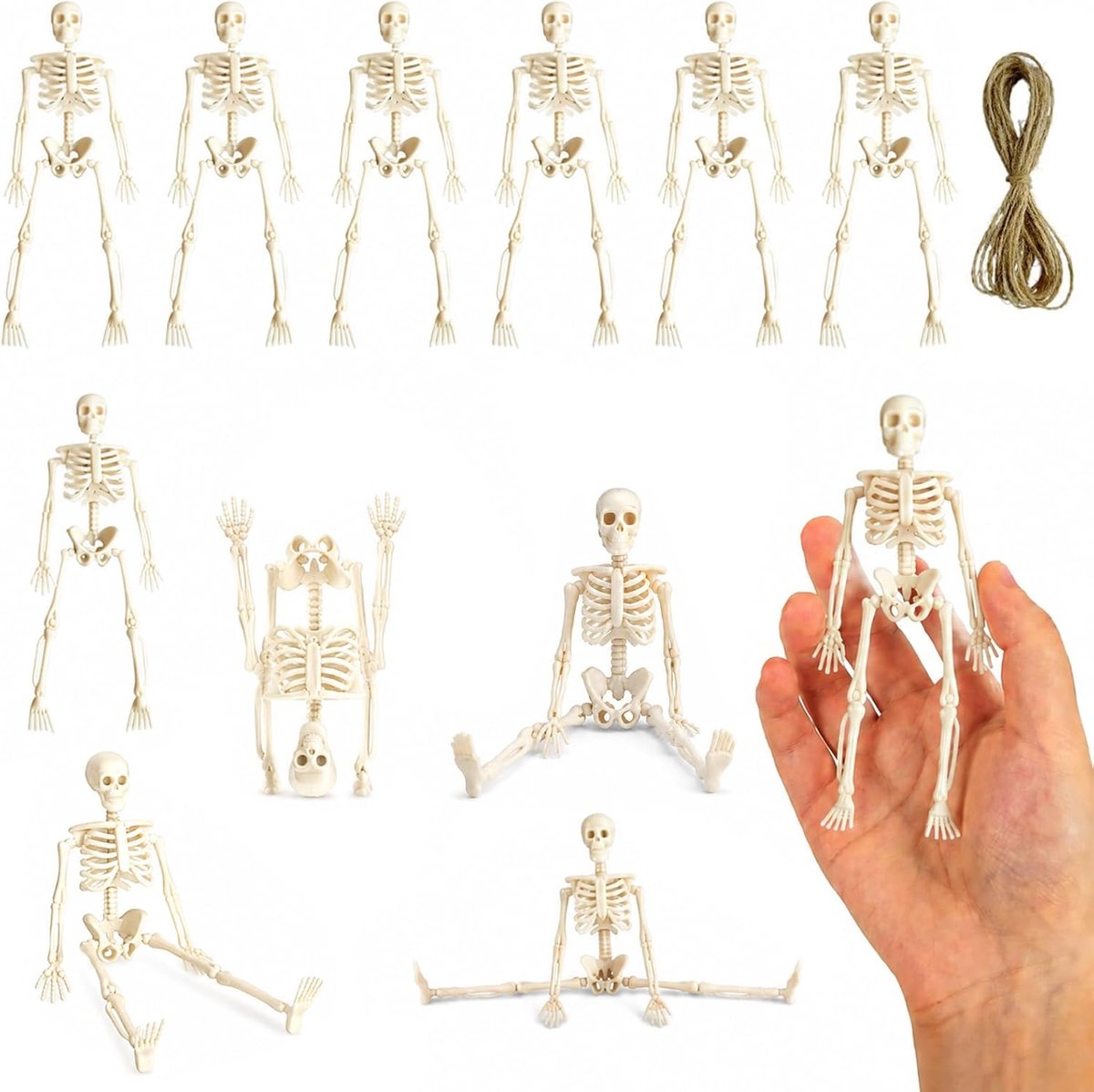 12 stuks Halloween-decoratie, mini-skeletfiguren, 15 cm, skeletfiguren met henneptouw, realistisch, beweegbaar, doodshoofd, Halloween, voor heksenhuizen, horrorfeesten