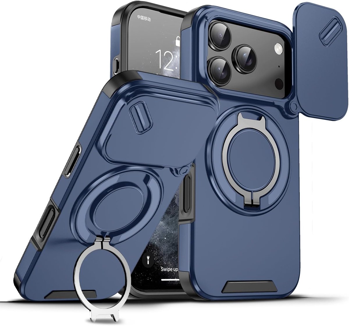 Telefoonhoesje voor iPhone 17 Pro,Schuifbare Camera Cover Ringhouder Standaard Magnetische Autohouder Militaire Schokbestendige Beschermhoes-Blauw