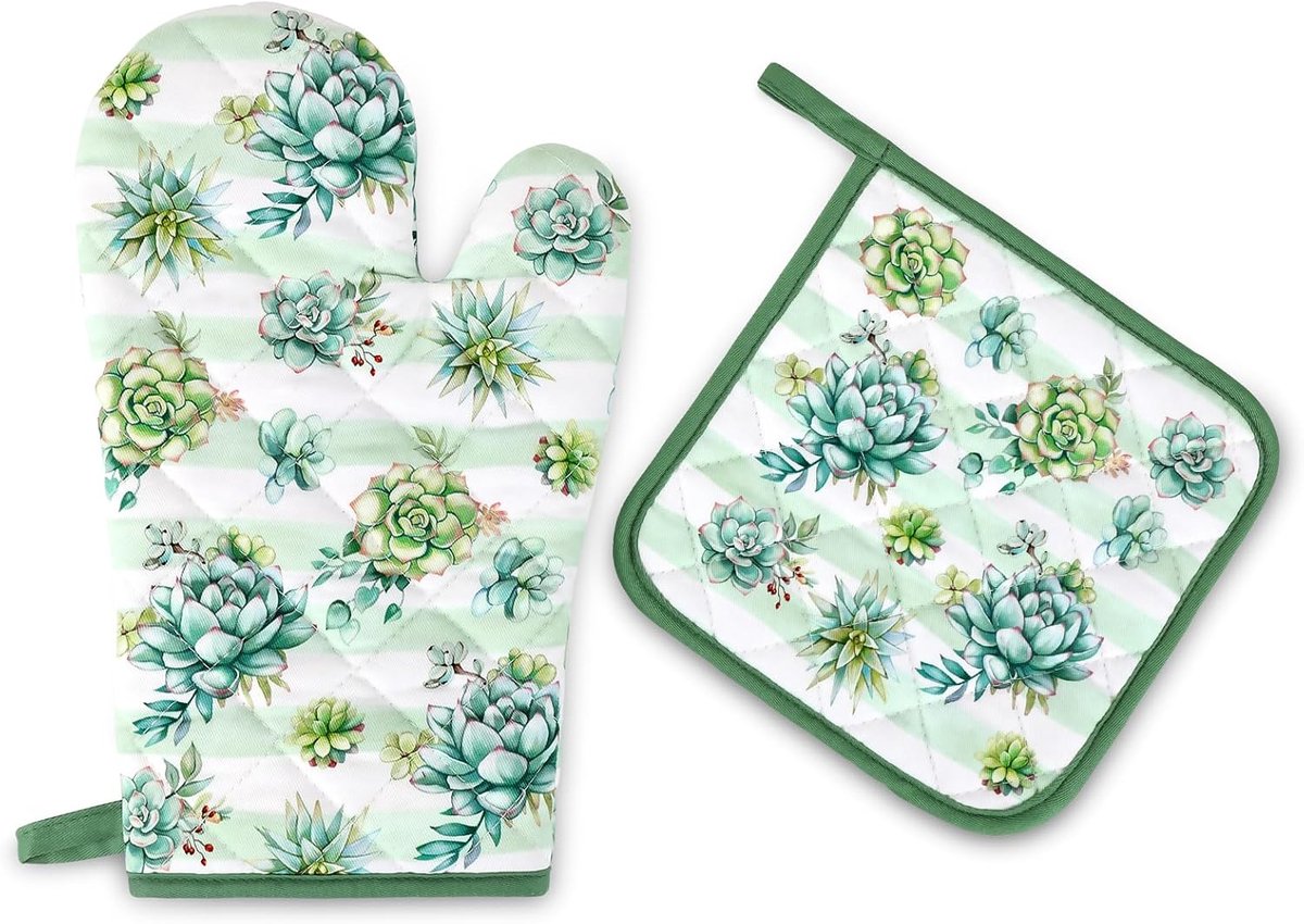 Ovenwanten en Pannenlappen Sets, 100% Katoen 2 Stuks Extra Lange Keukenhandschoenen Pothouder Hittebestendig voor Koken, Bakken, Decoratie, Huisontvangst Cadeaus voor Mama