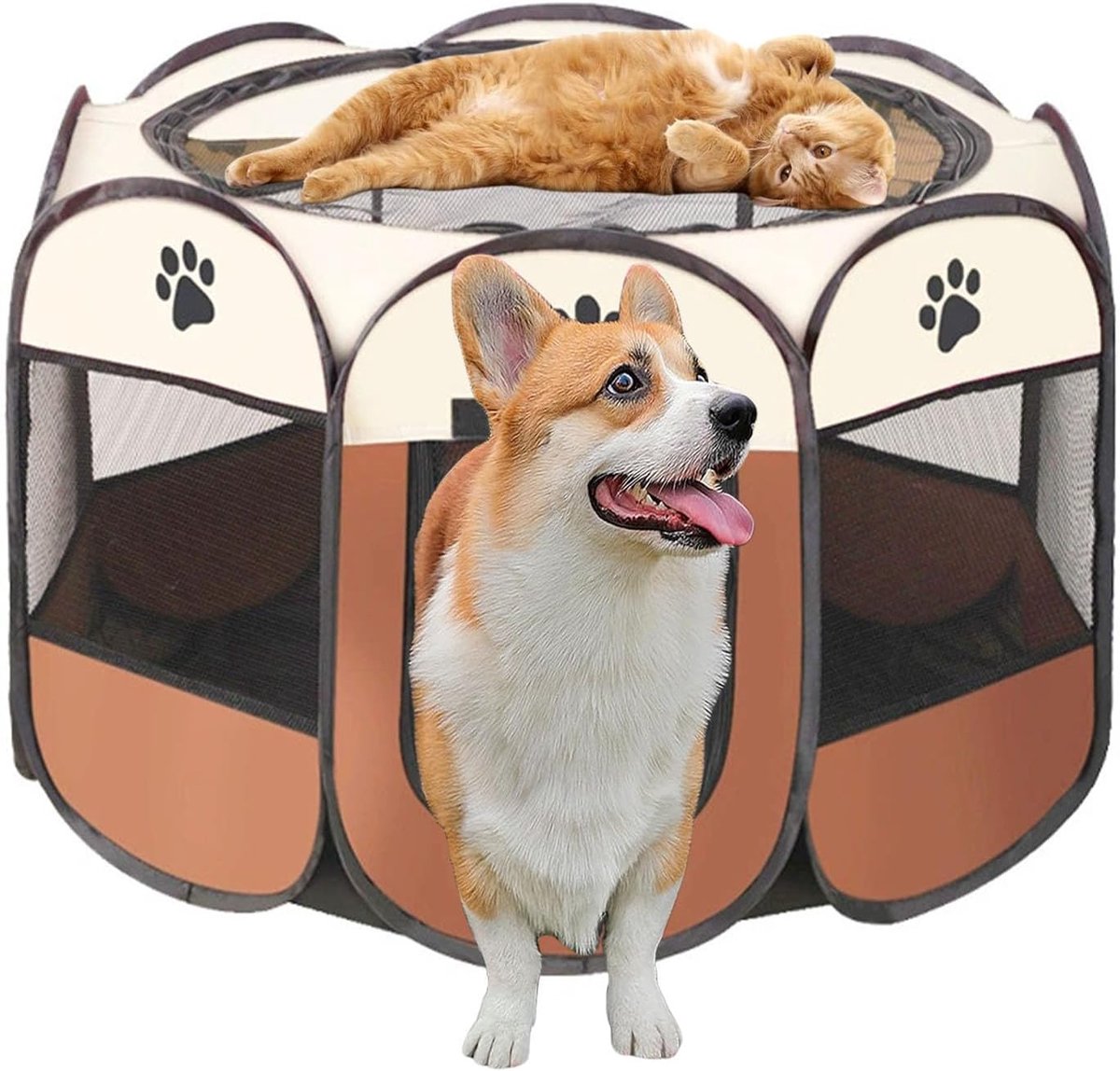 puppyuitloop, 91 x 91 x 58 cm, hondenhok, opvouwbaar, kattenverblijf voor woning, puppyren voor binnen, waterdichte Oxford-doek voor honden, katten, konijnen (bruin)