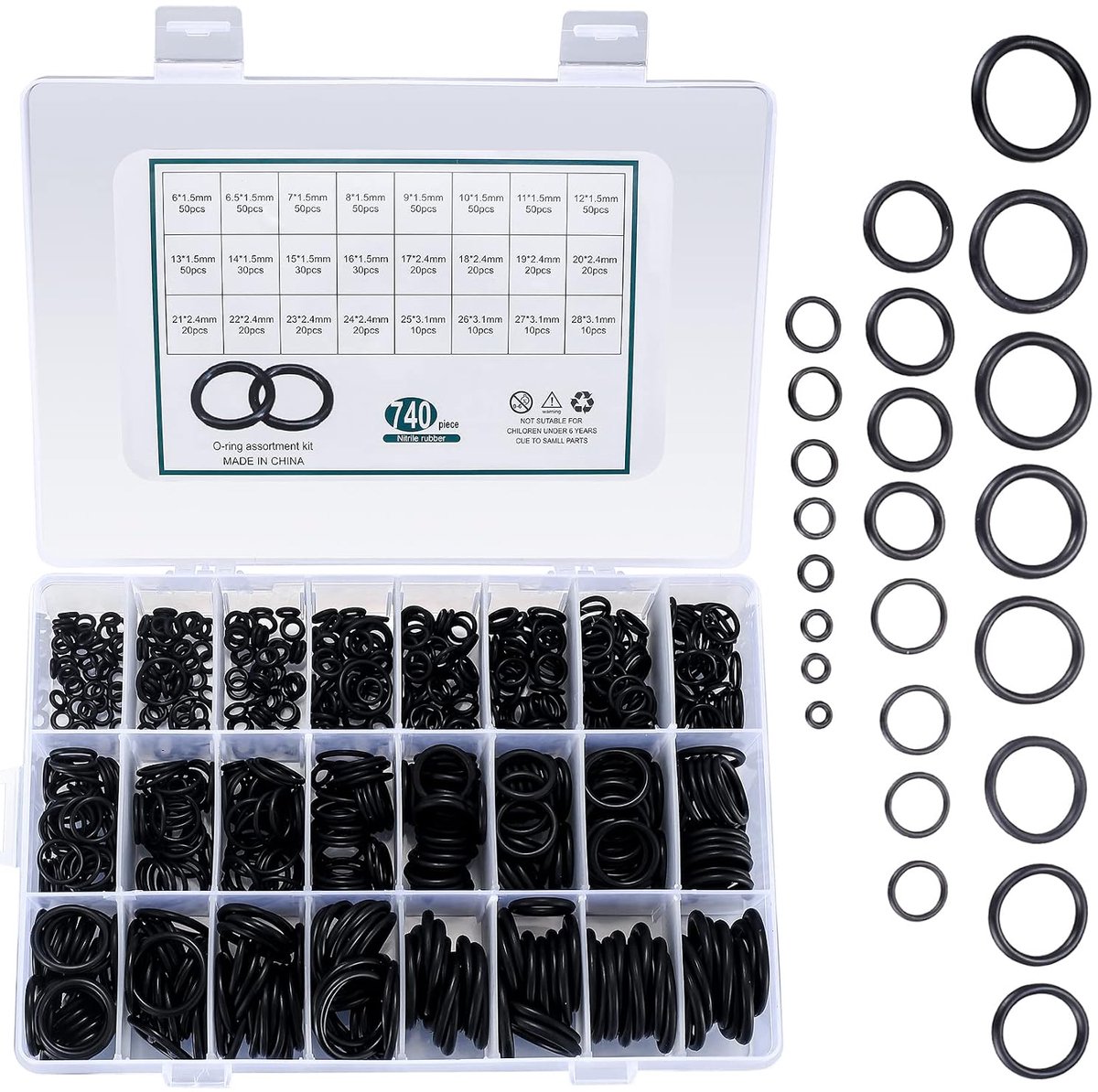 O-ringen afdichtringen set sanitair, 740 stuks O-ringen assortiment, rubberen afdichtingsset, metrische afdichtingen voor autoreparatie, hydraulische sluitringen (24 maten, zwart)