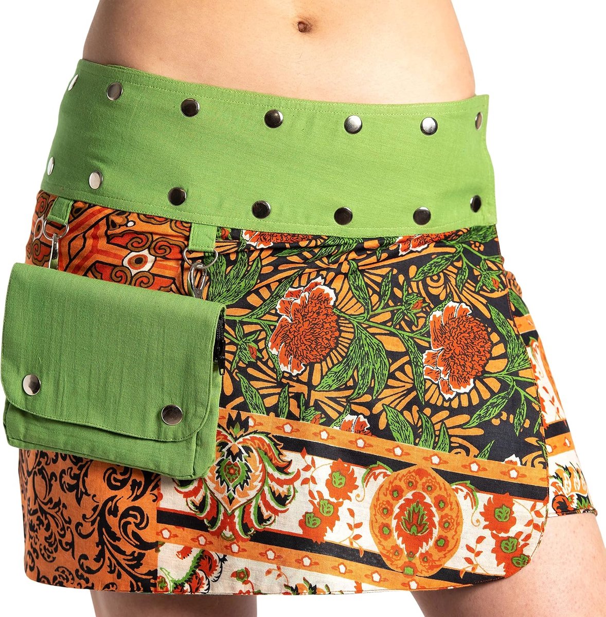 Minirok voor dames uit India met zak en 2 patronen om te draaien, zomerrok kort, omkeerbare rok, wikkelrok Goa Gypsy heupflatterende rok - met 18 klinknagels drukknopen, flexibel - diverse designs
