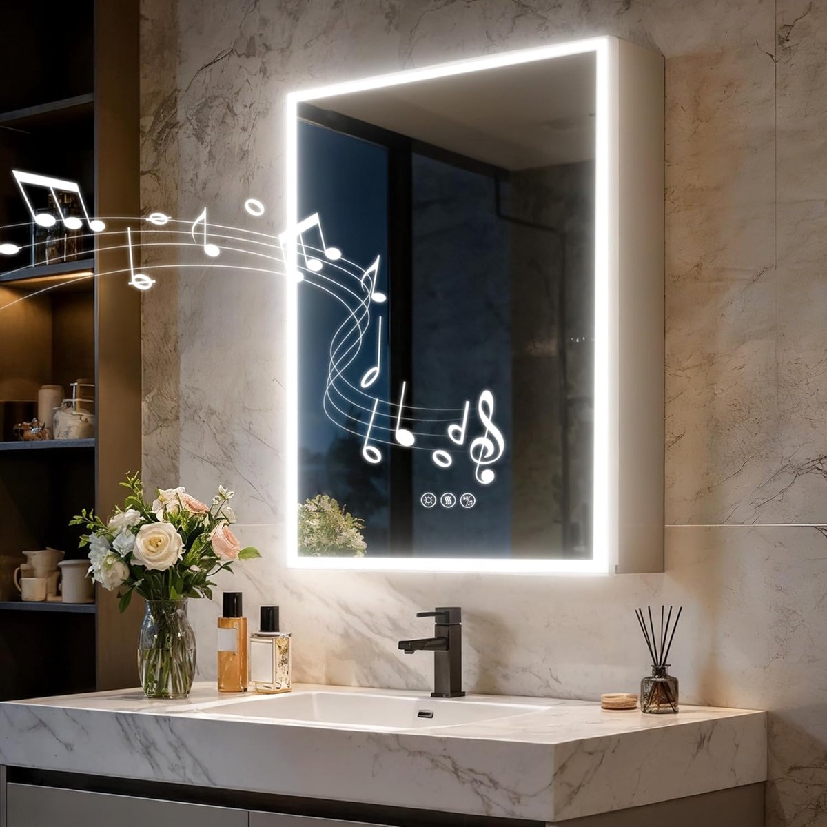 Badkamerkast met spiegel, 70 x 50 cm, toiletkast met ledverlichting, verstelbare planken, verborgen installatie mogelijk, apotheekmeubel met Bluetooth