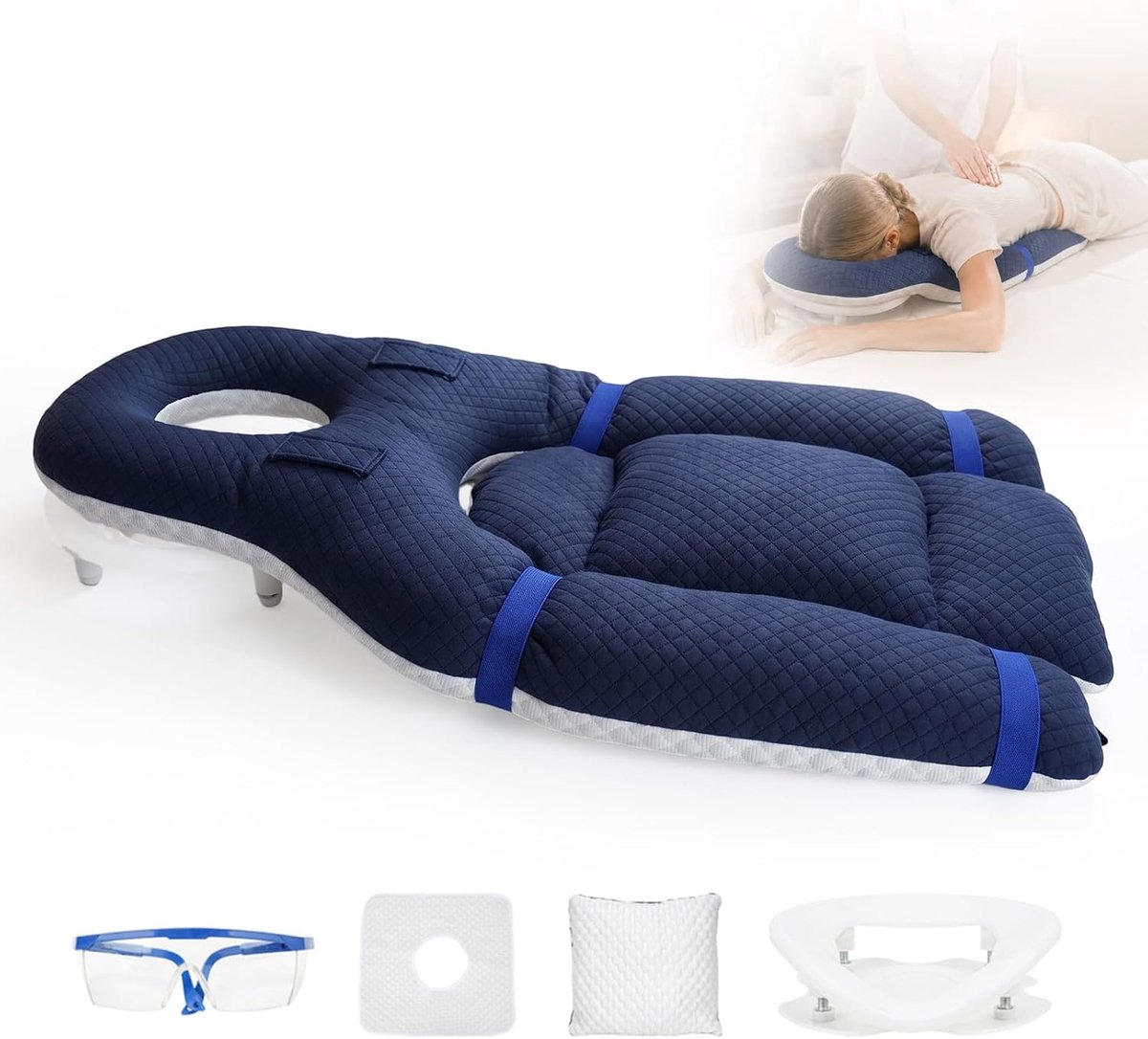 Buikslaapkussen met hoofdgat, Face Down Pillow slapen, ergonomisch gezichtskussen, om te slapen in buikpositie, massage hoofdsteun, verstelbare standaard en borstkussen voor buikspieren (blauw