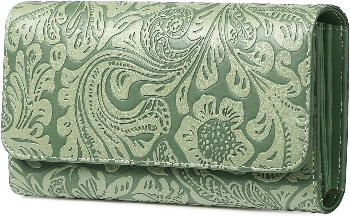 Portemonnee voor dames, grote portemonnee voor vrouwen, leer, grote capaciteit, portemonnee met RFID-blokkering en 13 kaartvakken, A01-groen, 18.5 x 10 x 4 cm, Klassiek