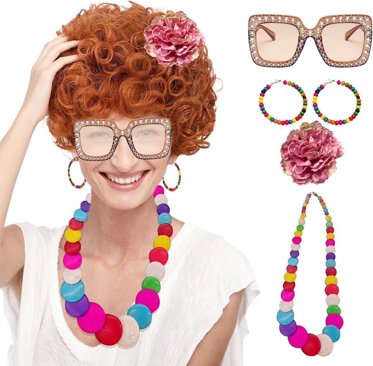 retrokostuum voor dames met krullende oranje pruik, retro zonnebril, halsketting, oorbellen, dames, meisjes, cosplay, kostuum, accessoires voor Halloween, carnaval
