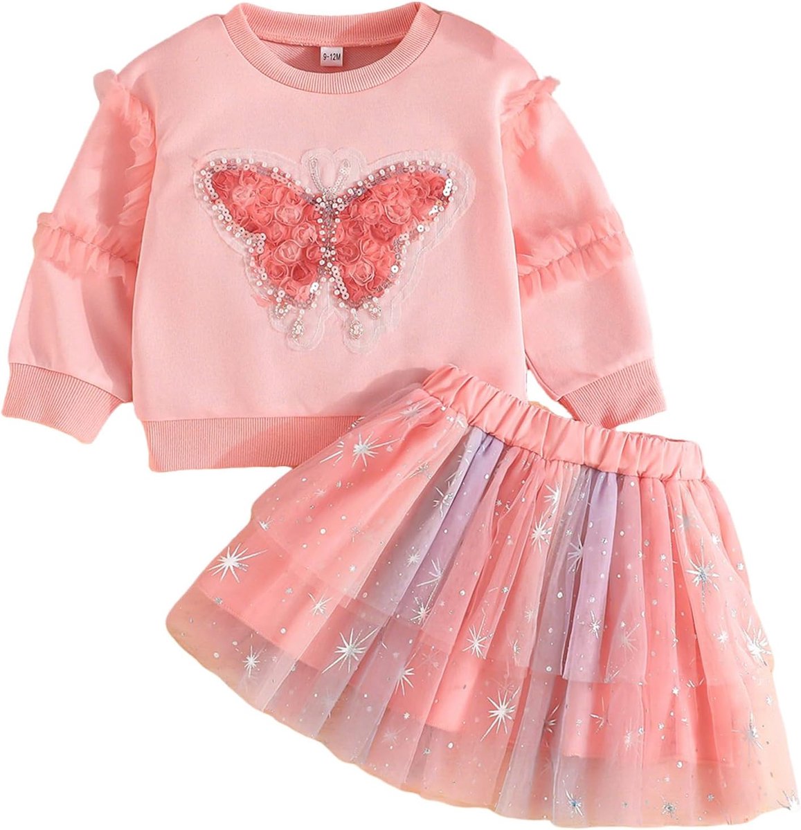 2-delige sweatshirt-tutu-jurk voor babymeisjes, trui met vlinderpatroon voor peuters, tule rok, schattige outfit met lange mouwen