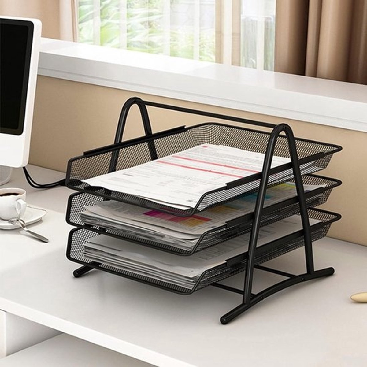 Bestandsrek - Opberger Lade - Bureau Organiseren - 3 Laags - Metalen Mesh - Zwart