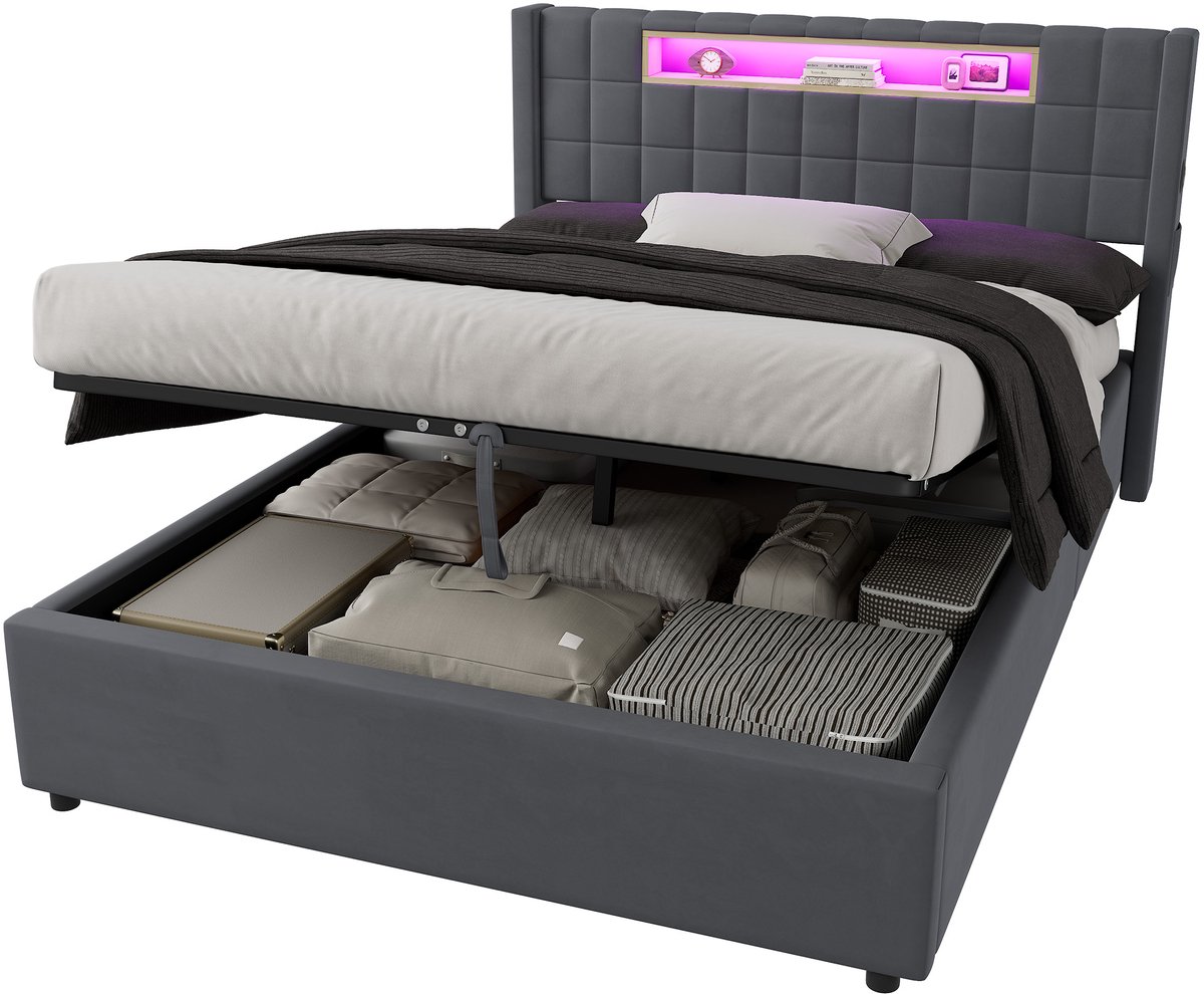 MEUNIQ hydraulisch opbergbed 140 x 200 cm met LED-verlichting, USB en Type-C-laadstation, fluwelen bedframe voor slaapkamer, donkergrijs/grijs
