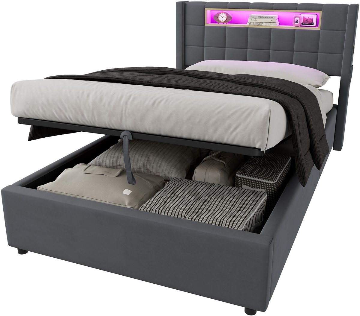 WUVRIE Hydraulisch opbergbed 90x200 cm met LED-verlichting, laadstation en hoofdbordplank, donkergrijs