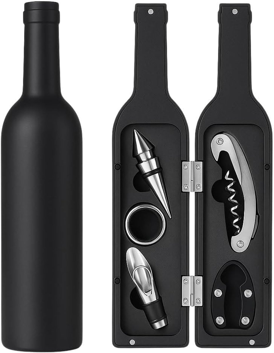 Kurkentrekker - Wijnopener - Wijn Accessoires Set - 5-delige Wijn Opener Kit in Flesvorm met Kurkentrekker, Foliesnijder, Drupring en Schenktuit - Zwart