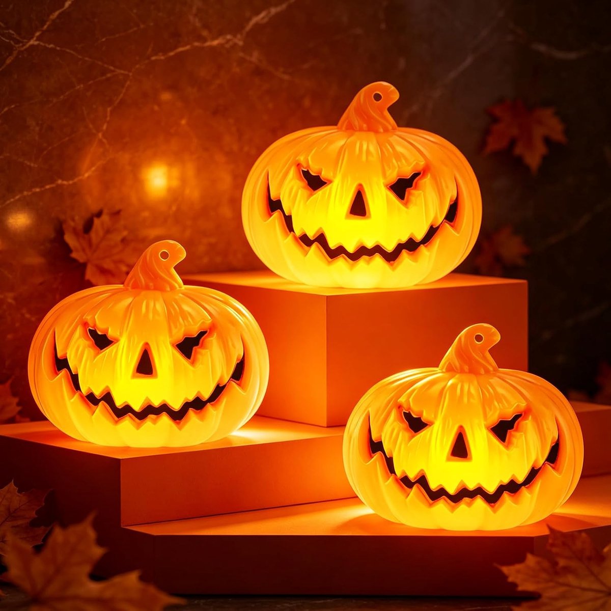 Halloween Decoratie - Halloween Pompoen Lantaarns - LED Verlichting op Batterijen - Warme Gloed - Voor Tafel, Herfstdecoratie en Spookhuis - Oranjegeel - 3 stuks