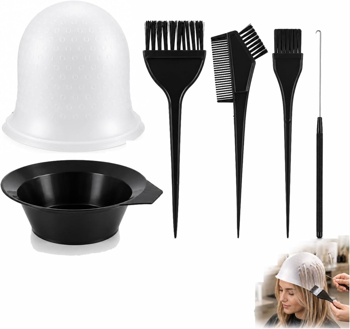 siliconen wieken muts met haak en kwast, herbruikbare geperforeerde muts om te kleuren, haaraccessoires voor vrouwen, wit, transparant, 6 stuks