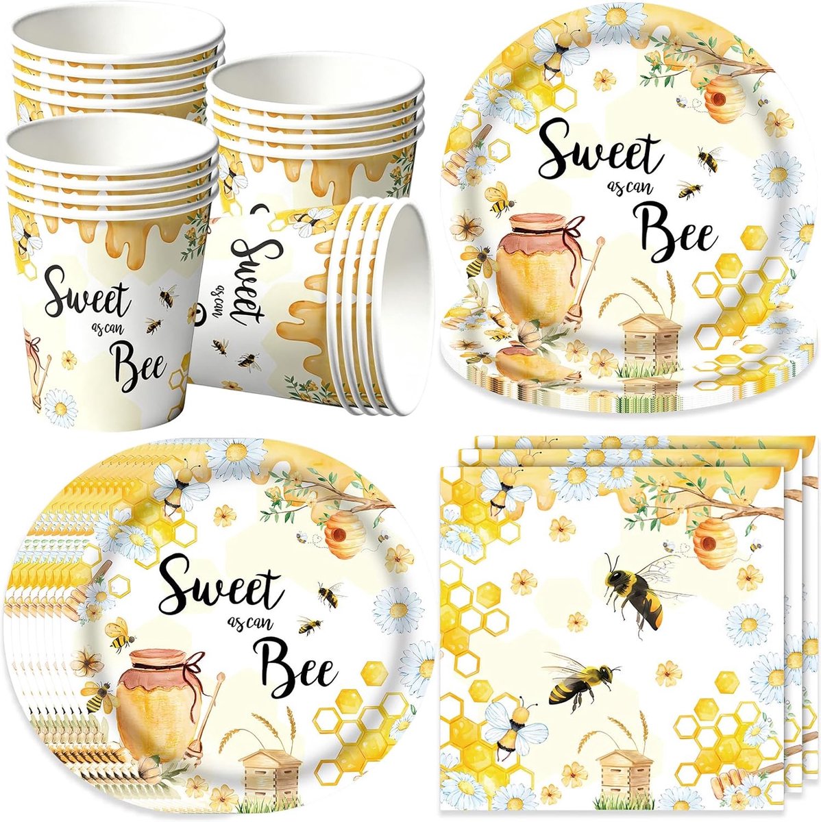 Feestservies met bijenmotief voor 16 gasten, papieren feestbordjes met bijenmotief, servies voor kinderfeestjes, wegwerpbordjes, papieren bekers en servetten, decoratie voor kinderfeestjes voor meisje