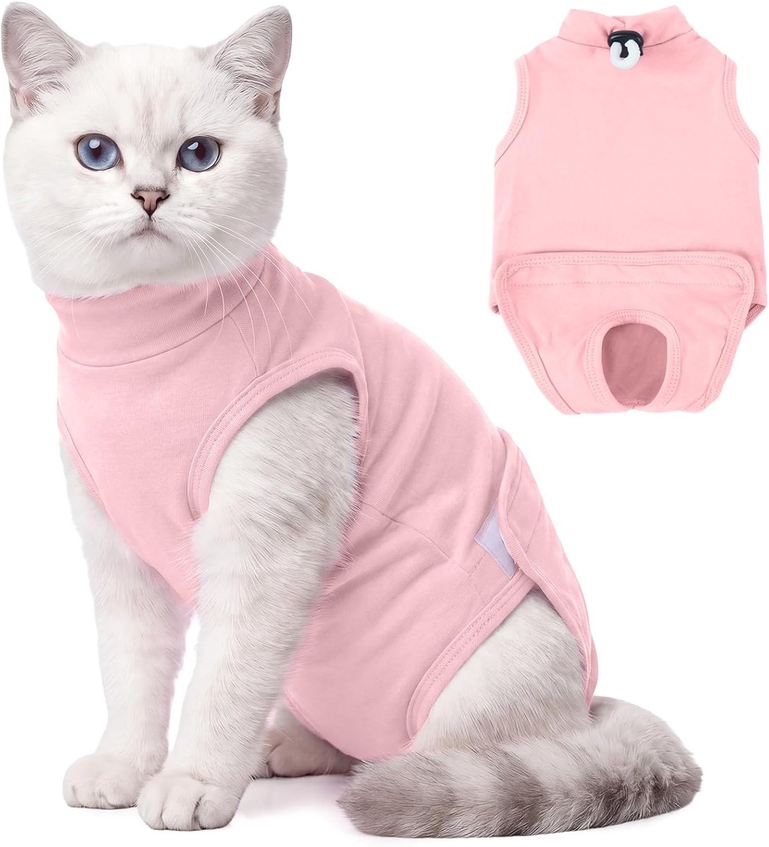 na operatie, zachte elastische chirurgische body kat met drukknopen, ademende kastratiebody kat voor vrouwelijke en mannelijke katten, lekbescherming na operatie, roze, M