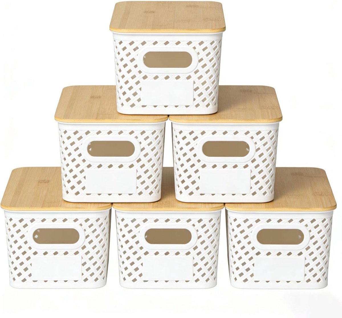 opbergdozen met bamboe deksels | Kleine opbergmanden voor planken | 6 stuks stapelbare organizermanden voor voorraadkast, keuken, onder gootsteen, lade en kast (wit, 6 stuks)
