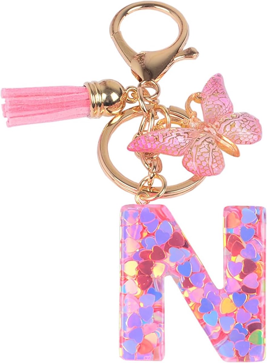 Letterhanger, vlinderhanger, sleutelhanger met initialen (N), Roze, Eén maat