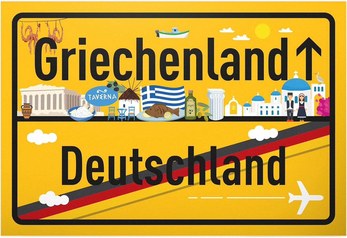 Griekenland Duitsland plaatsbord - kunststof bord 30 x 20 cm - cadeau-idee cadeaubon reizen vakantie reisvoucher mannen en vrouwen geldgeschenk afscheidskaart cadeau-idee decoratieve kaart