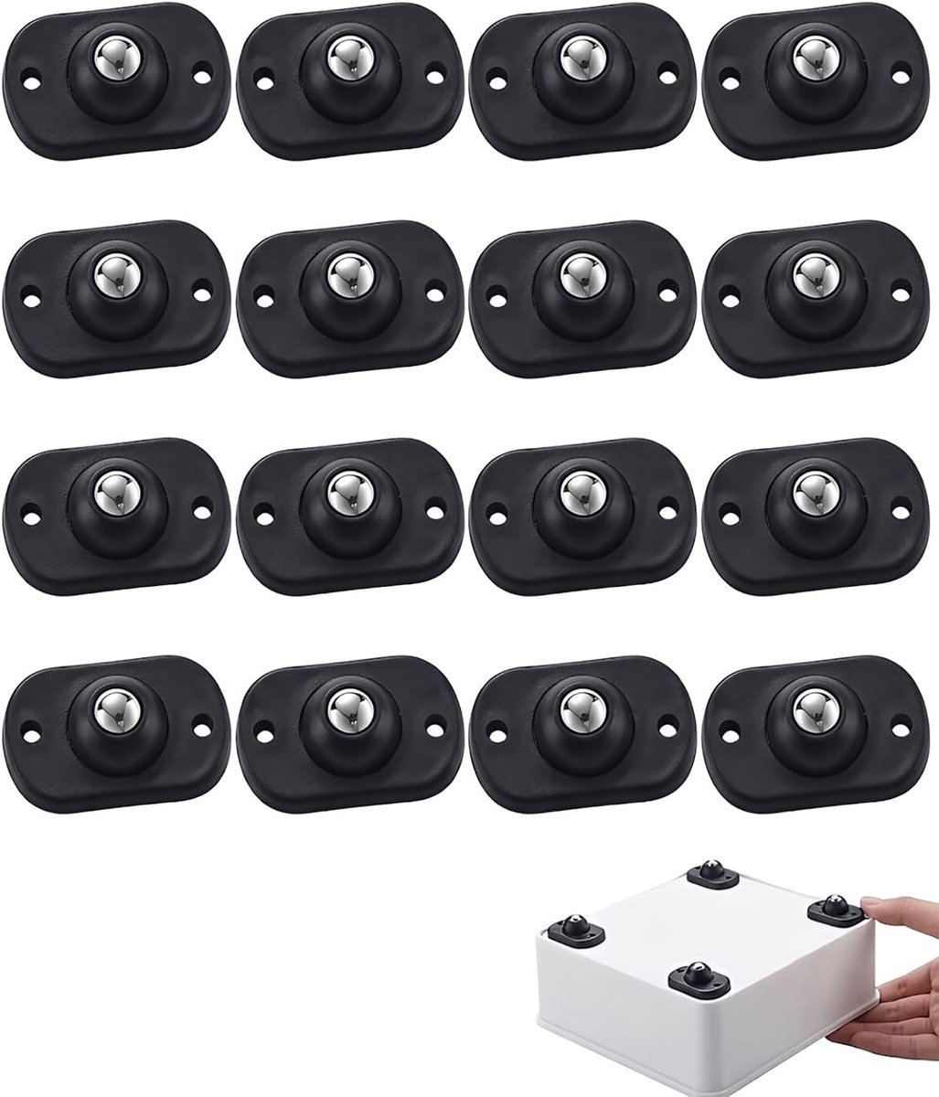 16 stuks wielen voor kleine meubels, 360° draaibare lijmrollen, zwart, mini-kogelwielen voor het verplaatsen van huishoudelijke apparaten, containers en dozen zonder boren
