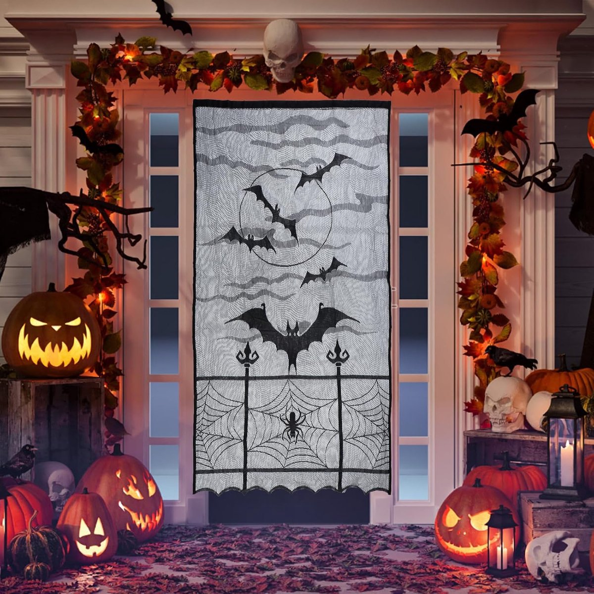 deurdecoratie, Halloween gordijnen, zwart kant Halloween gordijn, skelet spinnenweb gordijn vleermuis banner voor griezelige Halloween decoratie horror raam huisdeur deur feestdecoraties