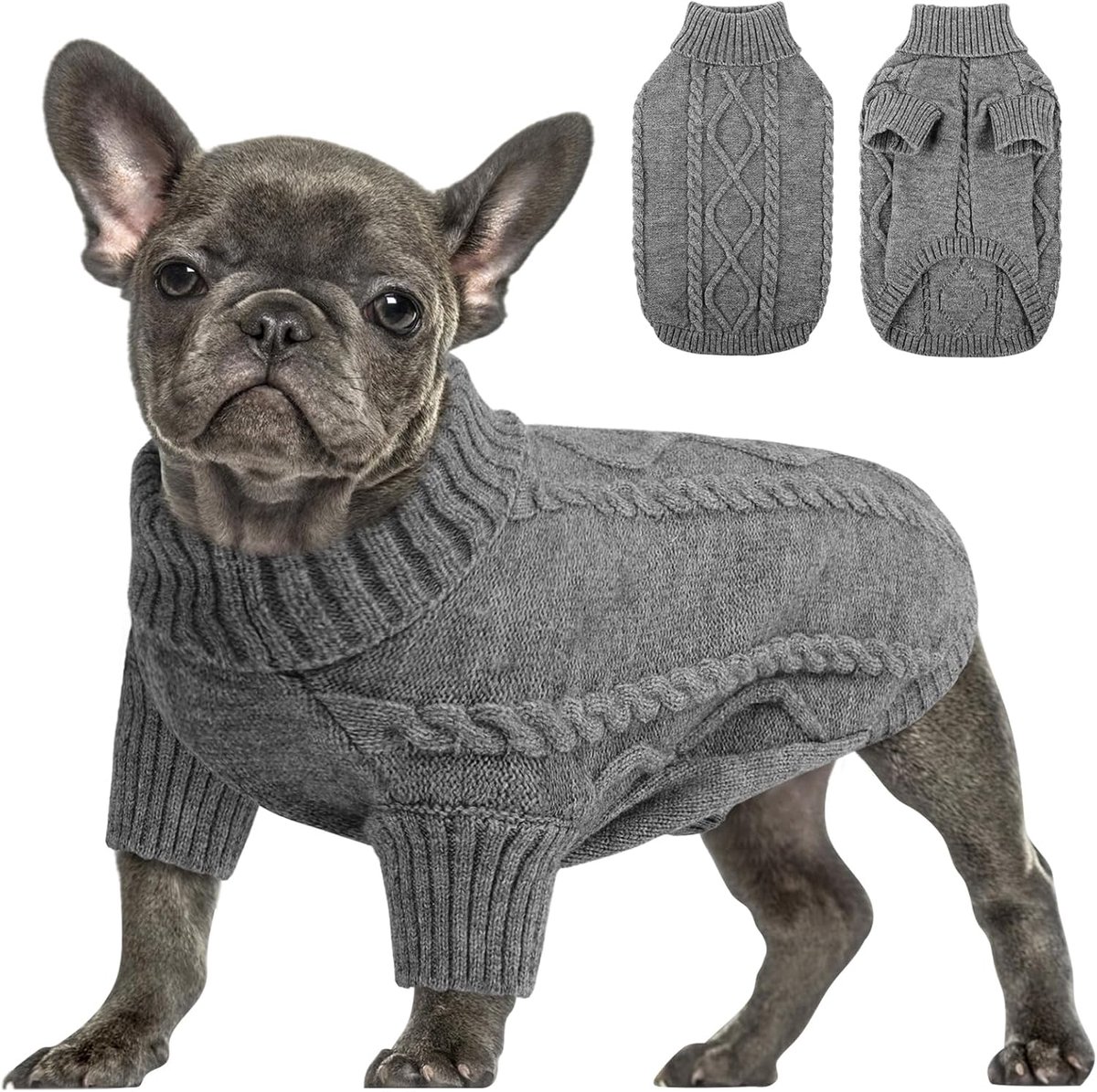 Hondentrui, grote maat, huisdieroutfit, gebreide coltrui, kattentrui, hondenkleding, outfit bulldogs en labrador, Golden Retriever, Lurcher, Border Collie, donkergrijs, XL