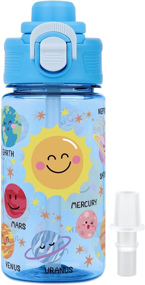 Kinderwaterfles voor school, 380 ml lekvrije waterfles met een siliconen tuit vervanging, vaatwasmachinebestendig (zonnestelsel)