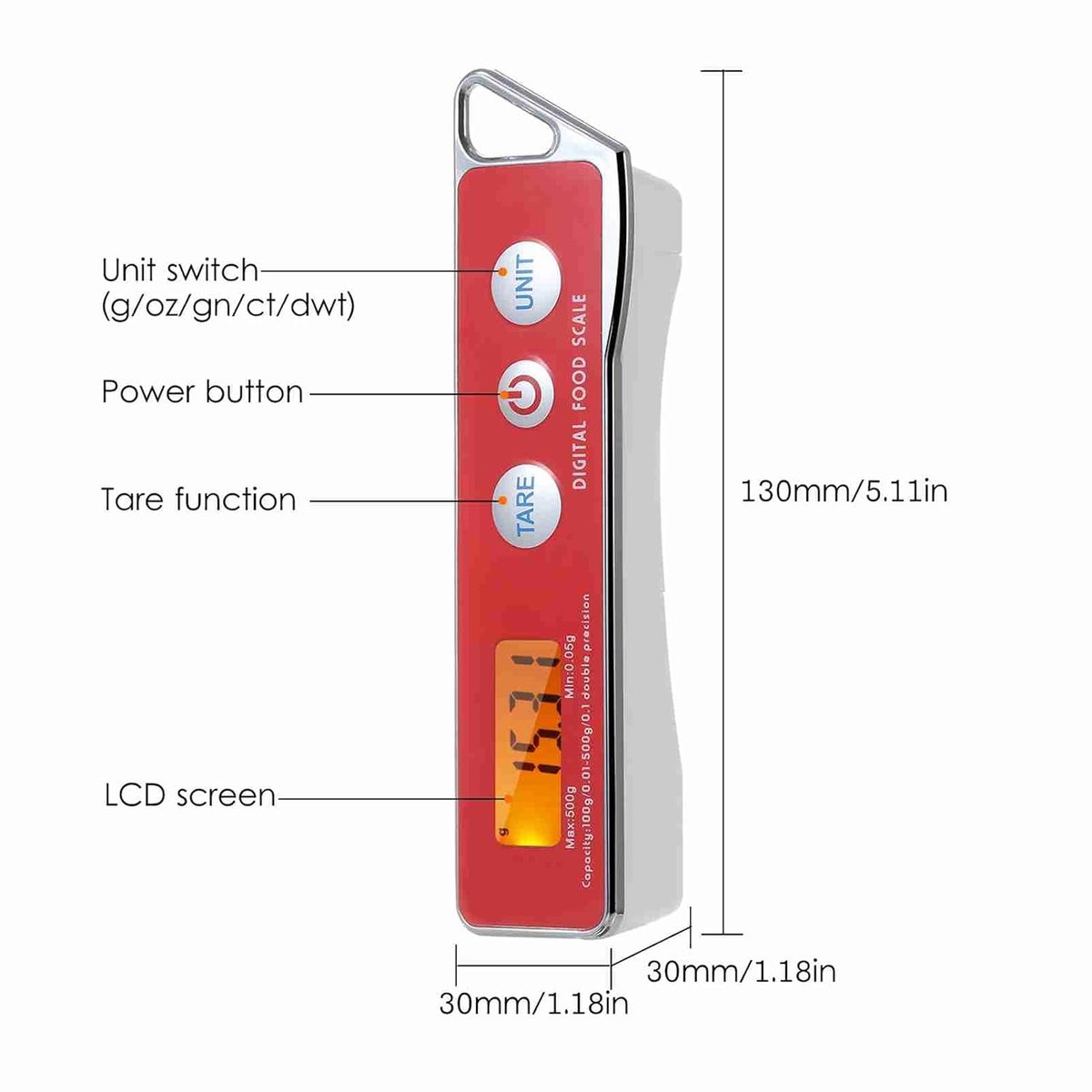 Digitale Lepelweegschaal, Digitale Meetlepel Precisie Elektronische Meetlepelweegschaal Keukenweegschaal met Tara-functie, voor Bakken Koken Huishouden Keuken 500g 0.01g 0.1g (rood)