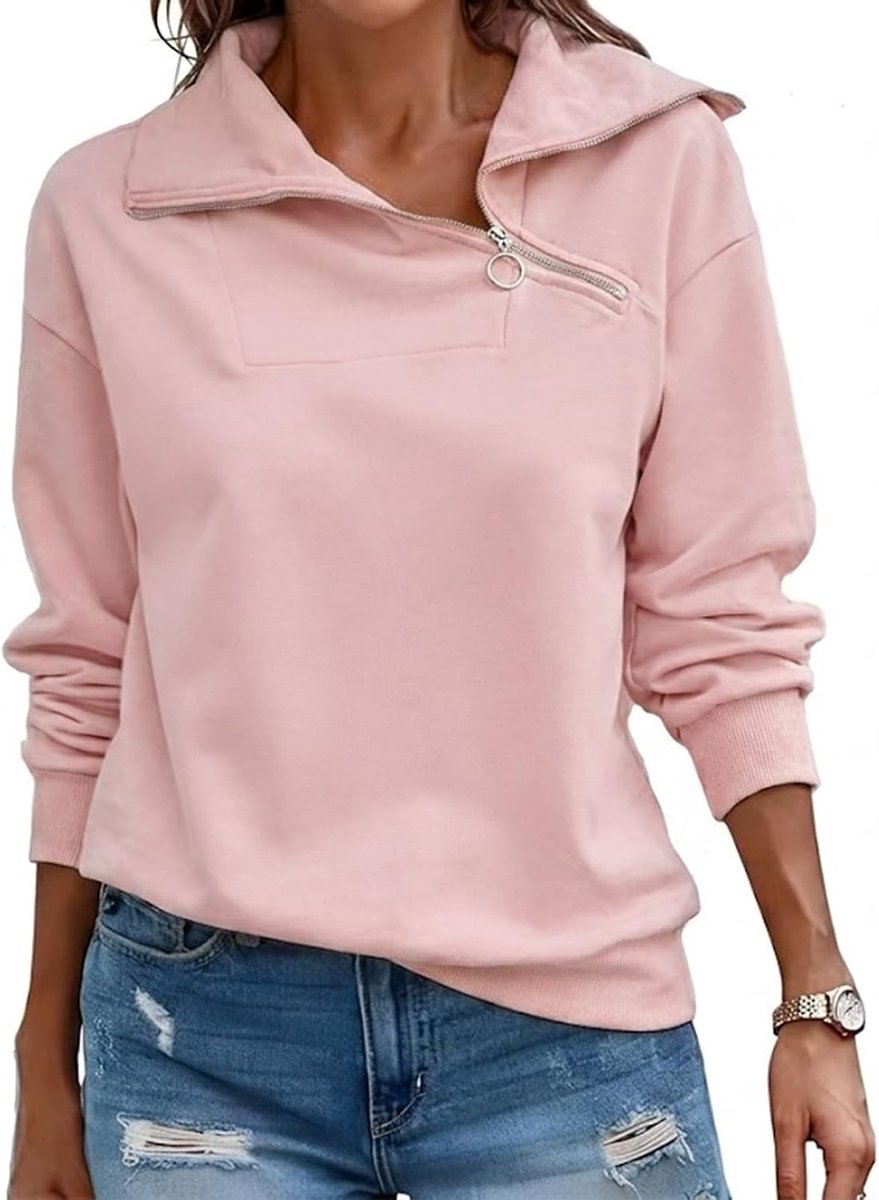 Pullover Dames Sweatshirt Herfst Kwart Ritssluiting Lange Mouwen Staande Kraag Pullover Losse Effen Casual Tops Dames
