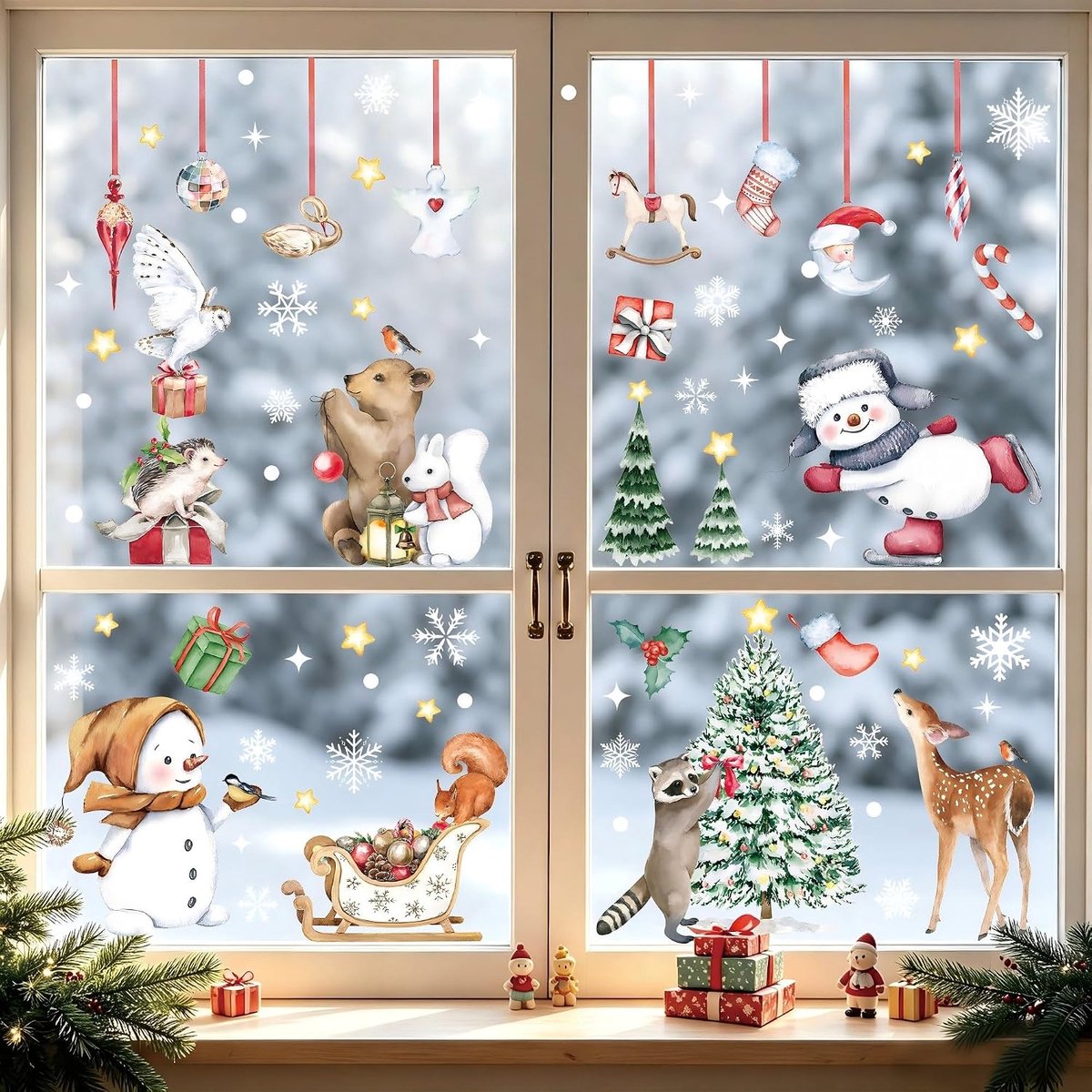 Raamstickers - 227 stuks met winterbosdieren, strikken, sneeuwpoppen, herbruikbaar PVC voor kinderkamers en decoraties