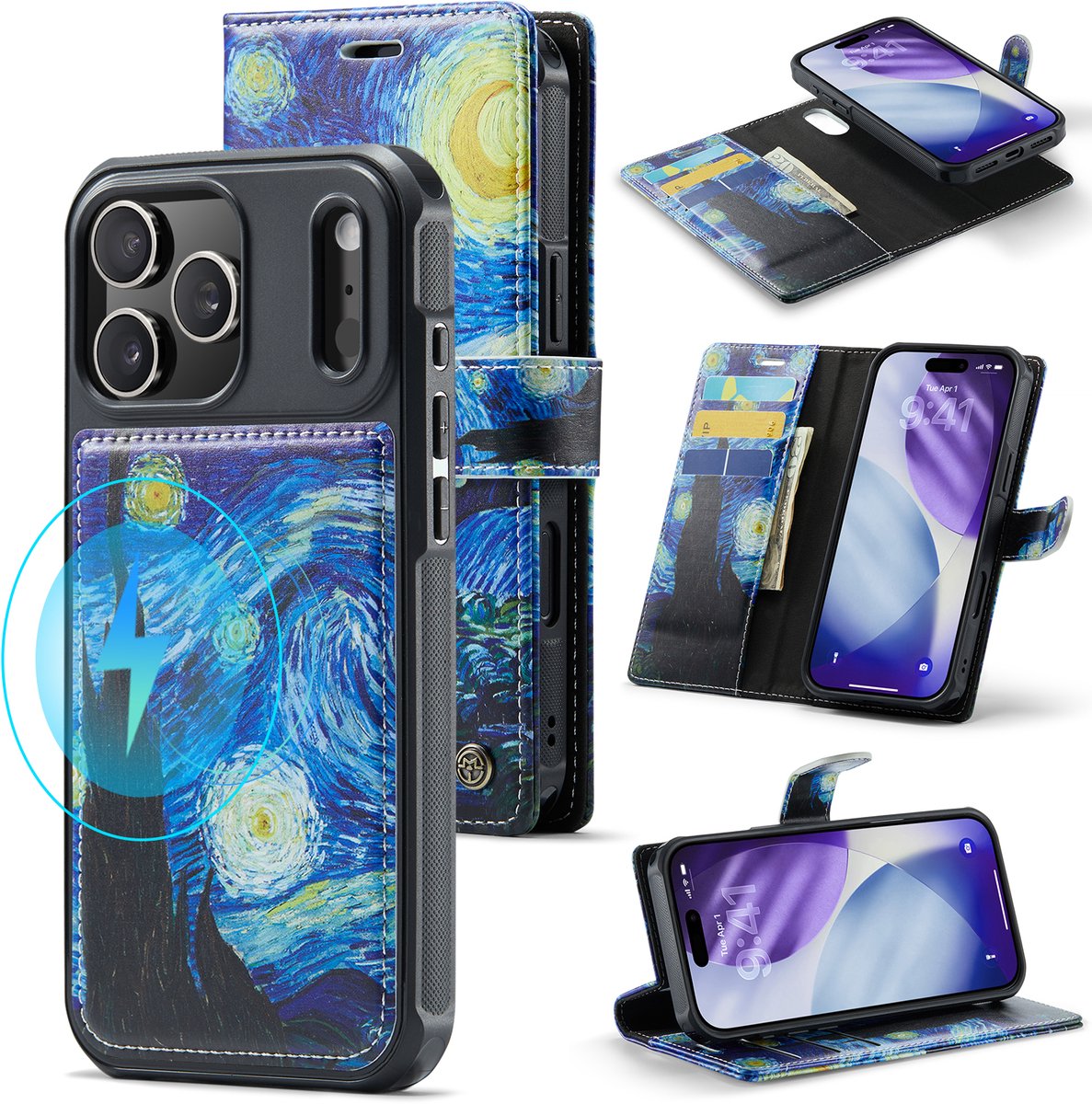 Casemania Hoesje Geschikt voor Apple iPhone 18 Pro - De Sterrennacht Print - Van Gogh - Geschikt voor MagSafe - Kunstleer 2 in 1 Afneembare Bookcase - Magnetische Telefoonhoesje met Kunst Print en Pasjeshouder