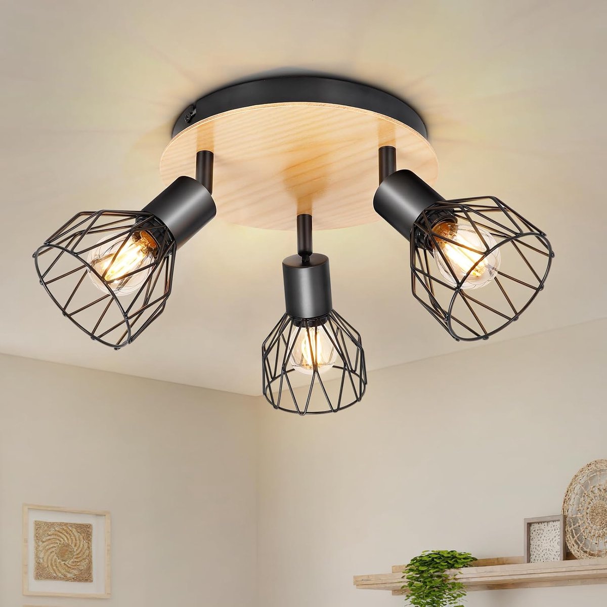 Led plafondspot 3 vlammen rond hout draaibaar, plafondlamp spot plafondlamp E14 3 vlammen zwart, spot wandlamp keukenlamp woonkamer plafondspot slaapkamer geen lampen