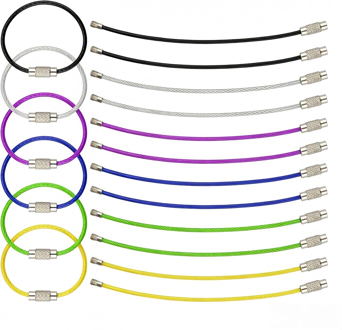 24 nylon gecoate metalen draad sleutelhangers, 6 kleuren