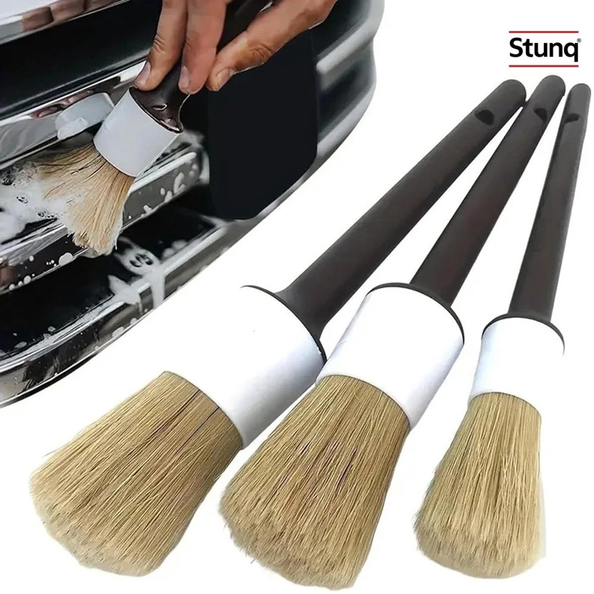 Stunq® 3-delige auto detailborstelset met varkenshaar – zachte borstels voor interieur en exterieur