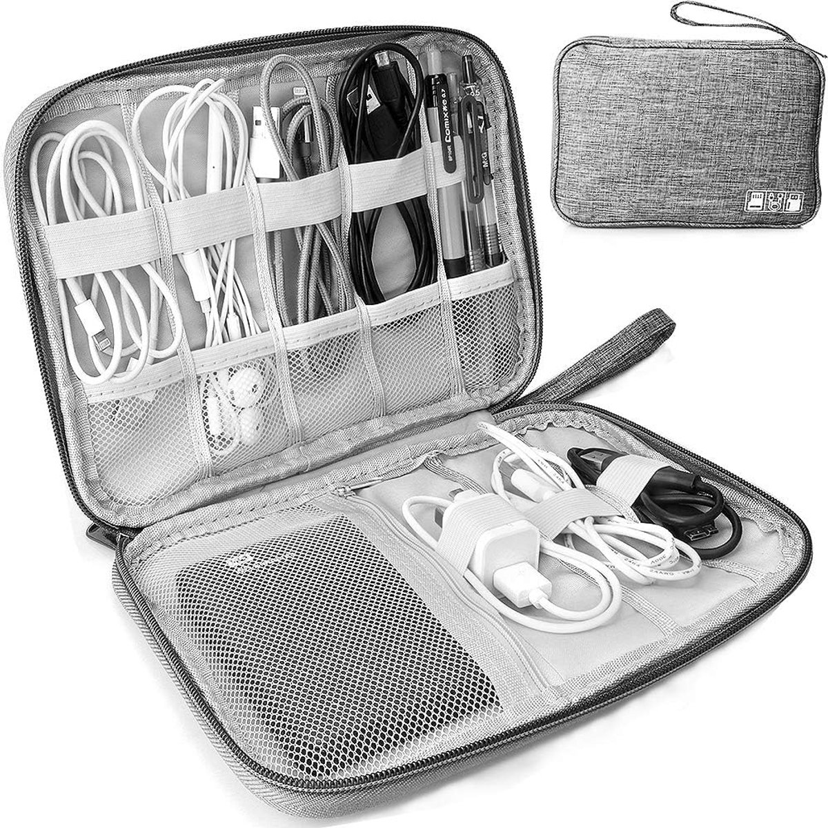Elektronische tas, reistas, schokbestendig, vochtbestendig, opbergtas, draagbare tas, accessoire-organizer voor harde schijven, kabels, oplader, telefoon, USB, SD-kaart (grijs)