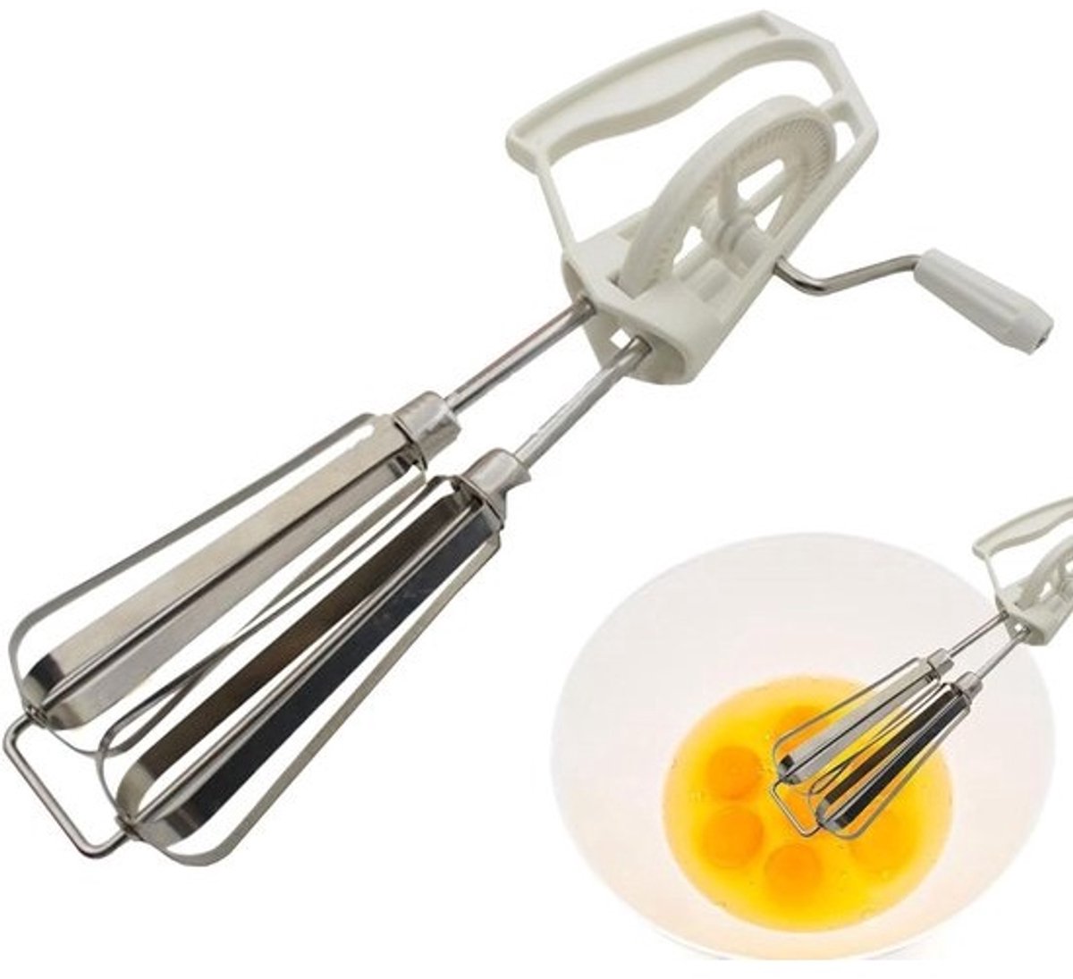 Handmixer met Dubbele Gardes - Eiermixer Handslinger - Beslag Mengen - Geen Stroom Nodig - 25 cm Hoog - Wit