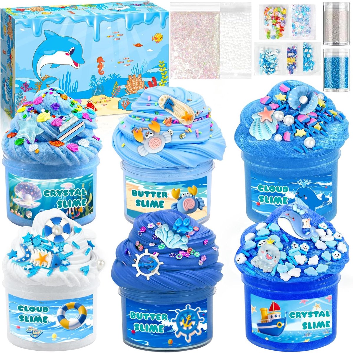 slijmset, 6 stuks, pluizige boterslijm, kleurverloop, blauw, kristalslijm, doe-het-zelf kit, slijm voor kinderen, feestgunst, verjaardag, meisjes en jongens