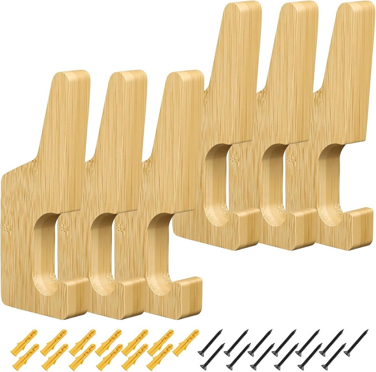 Set van 6 Houten Kledinghaken voor de Wand - Ruimtebesparende Dubbele Haak met 13 Schroeven en 13 Pluggen voor Kleding, Hoeden en Sjaals
