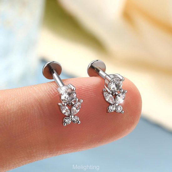 Draadloze Push Pin Labret Stud Vlinder & Bloem CZ Dangle Helix Oorbel 16G Kraakbeen Stud 316L Roestvrij Staal Platte Terug Piercing Sieraden 6mm/8mm Tragus Oorbel — afbeelding 4