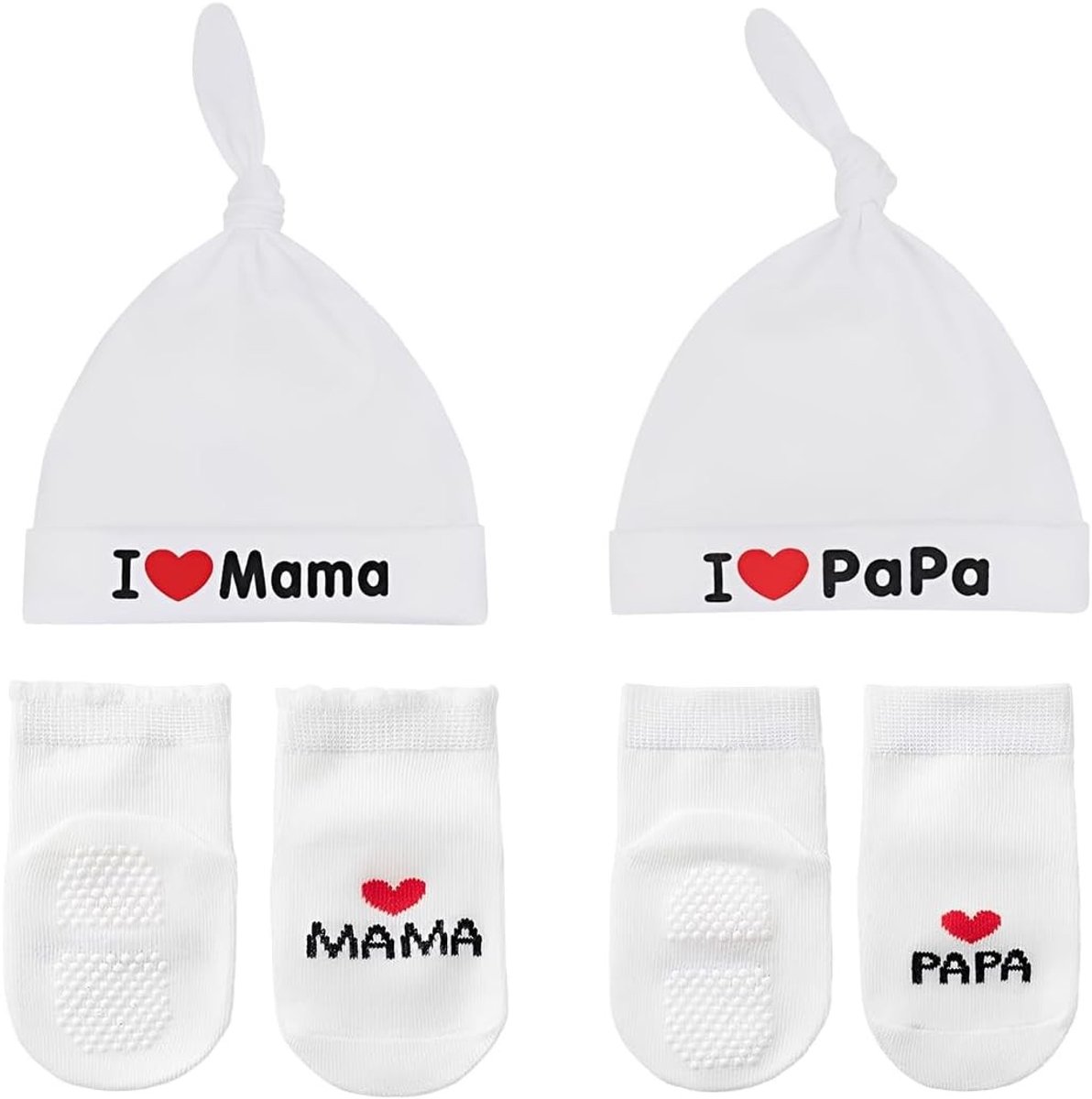 Set van 2 Unisex Baby Hoedjes en Sokken - I Love Mama en Papa - Perfecte Cadeaus voor Doop en Kerst (0-3 Maanden)
