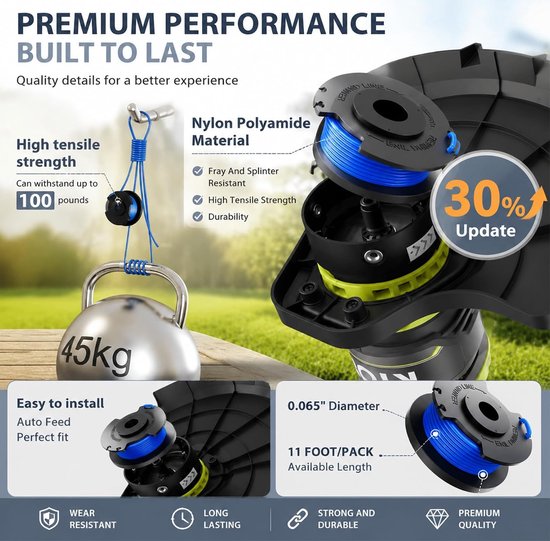6 stuks vervangende grastrimmerspoel AC14RL3A met dop, compatibel met Ryobi grastrimmer One+ 18 V, 24 V, 40 V, draadspoel Ø, hoogwaardige trimmerspoel voor moeiteloos trimmen (6 spoelen + 1 kap) — afbeelding 4