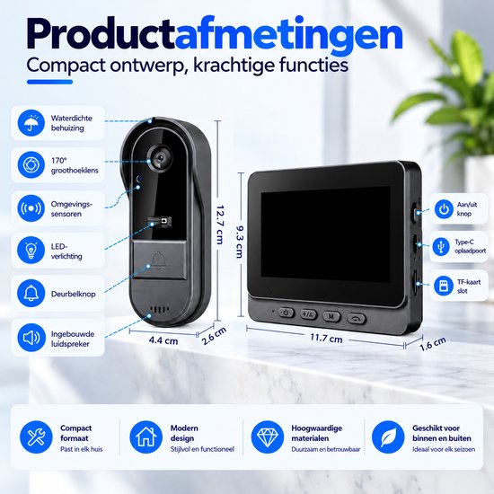 WINNES Draadloze Video deurbel met Camera – 1080P HD, Waterdicht, Geen Abonnement of WiFi Nodig, Geen App Vereist, Tweewegsaudio, 170° Kijkhoek, Nachtzicht, Lokale Opslag — afbeelding 4