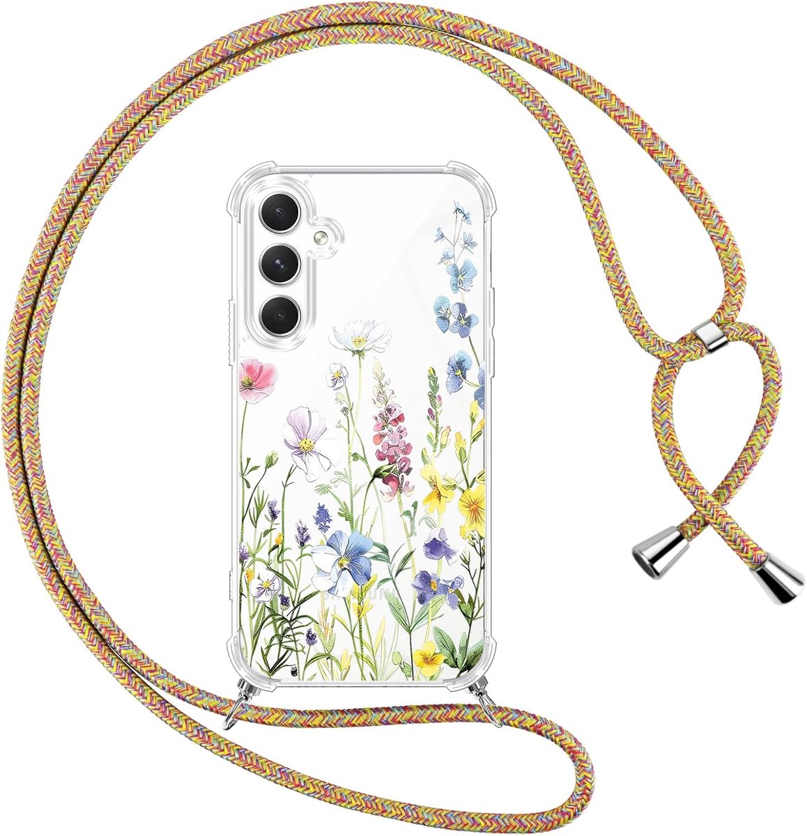 Telefoonhoes met koord voor Samsung Galaxy A54 5G, hoes met koord, esthetisch bloemenpatroon, kleurrijk hoesje met koord om om te hangen, transparante siliconen en polycarbonaat, beschermhoes