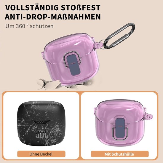 Beschermhoes voor JBL Tune Flex, MOWYEOK transparant pc-veiligheidsslot behuizing, speciaal ontwikkeld voor de JBL Tune Flex-oortelefoon, met karabijnhaak (paars) — afbeelding 3
