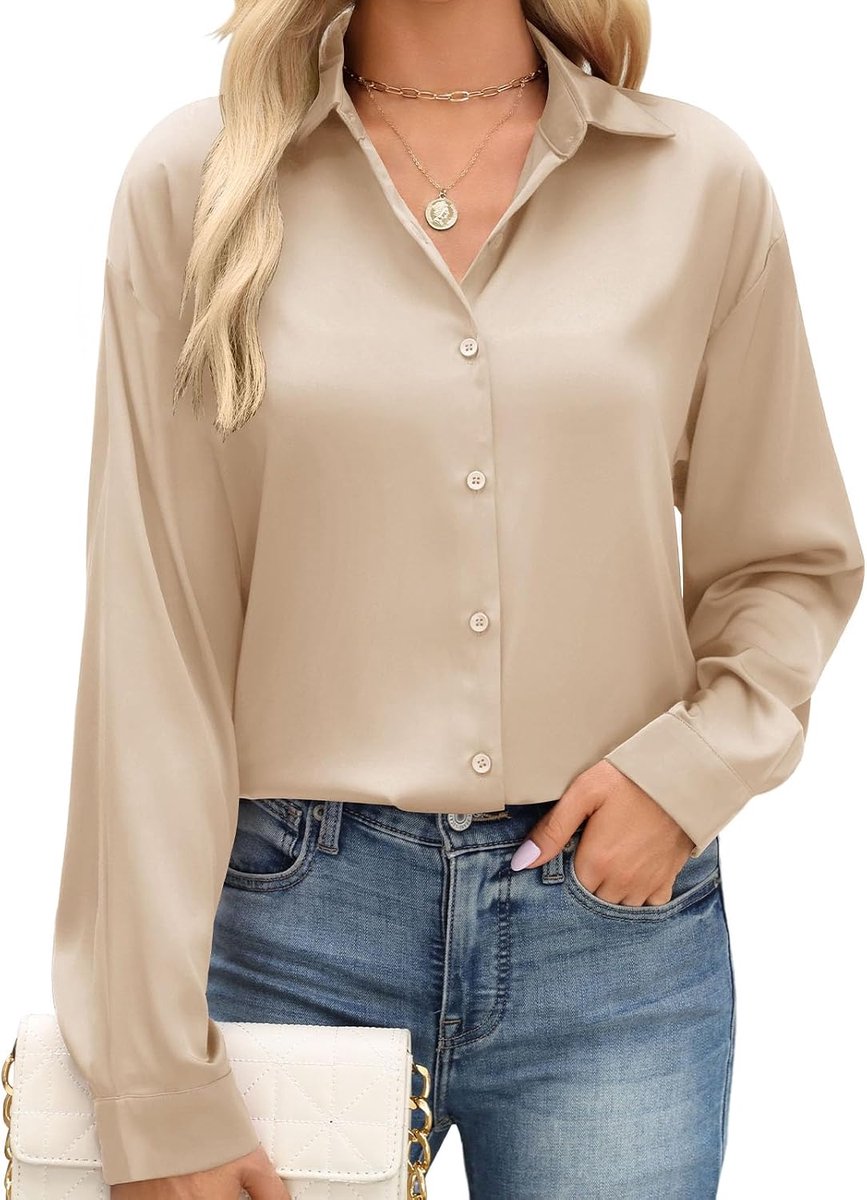 chique en elegant, satijn, V-hals, blouse, lange mouwen, zijde, blouse, knopen, casual, zakelijk, avond, shirts, los, vloeiend, tuniek, tops