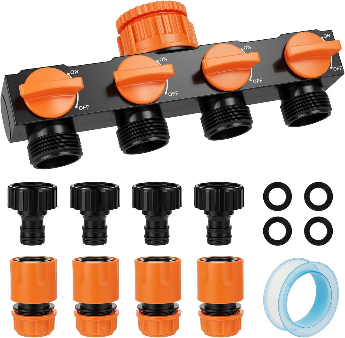 4-weg verdeler voor slangen, kraanstopcontacten 1/2 inch, 3/4 inch, 1 inch, met controleschakelaar, voor wasmachine, tuin, oranje