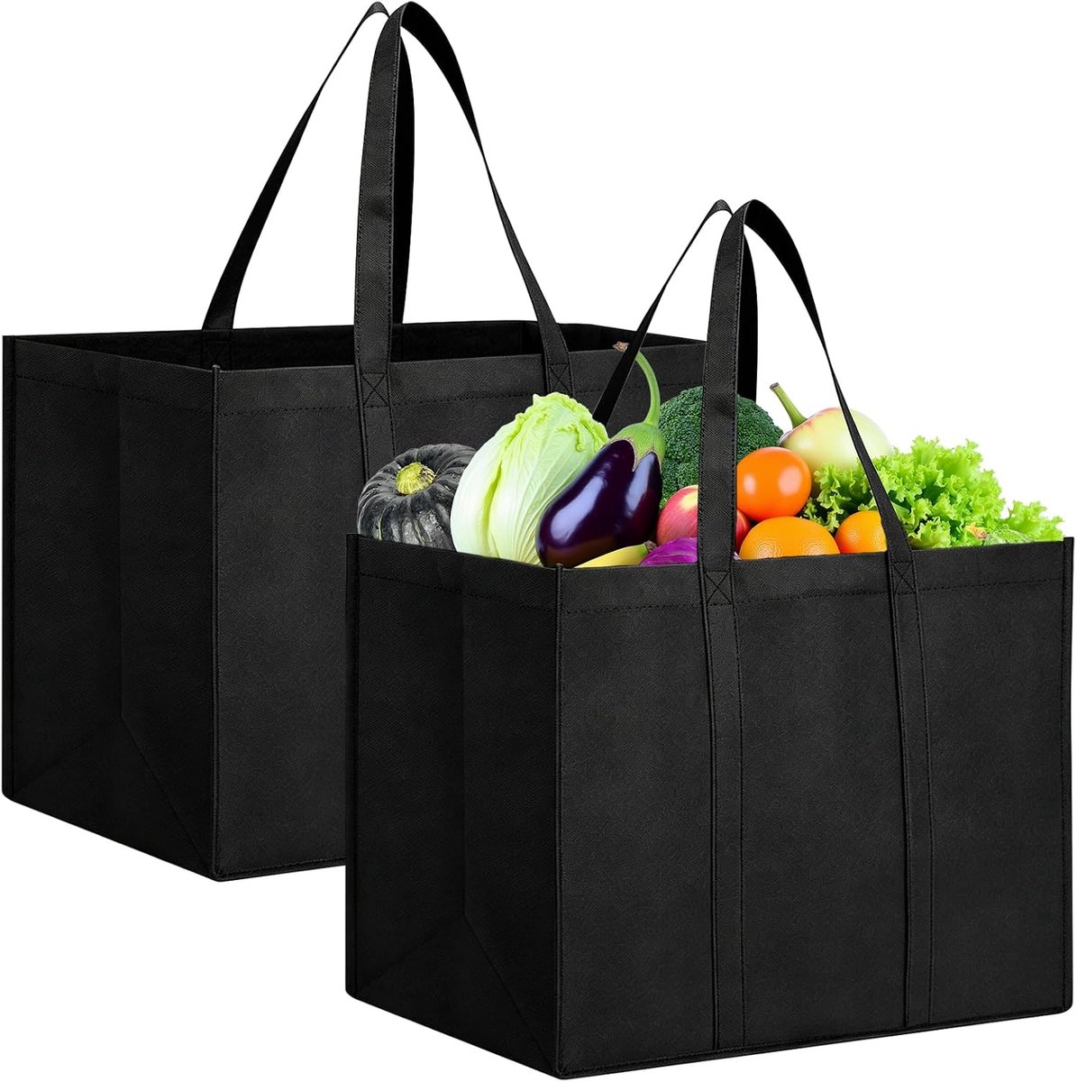 2 stuks zwarte boodschappentas, opvouwbaar, 41 × 33 × 26 cm, milieuvriendelijke boodschappentassen, licht opvouwbare tas, grote capaciteit, opvouwbaar, herbruikbaar, voor winkelen, picknick