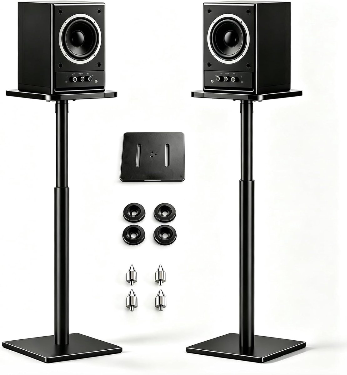 set van 2 universele vloerluidsprekerstandaard voor surround sound-luidsprekers, in hoogte verstelbaar van 72 tot 120 cm, draagkracht elk 25 kg, kabelgeleiding, antislip